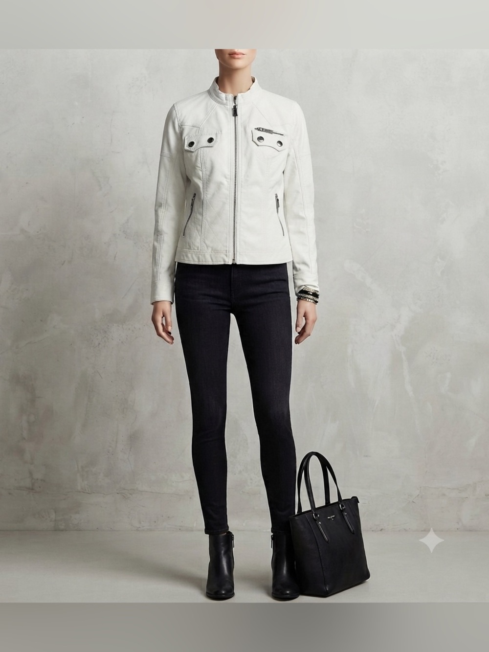 Brave Soul White Women's Moto Jacket with Silver Hardware